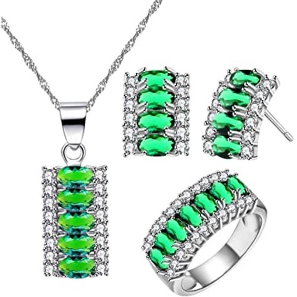 Emerald Crystal Necklace Earring Ring Set Cubic Rhinestone Necklace Ring Earring - Picture 1 of 8